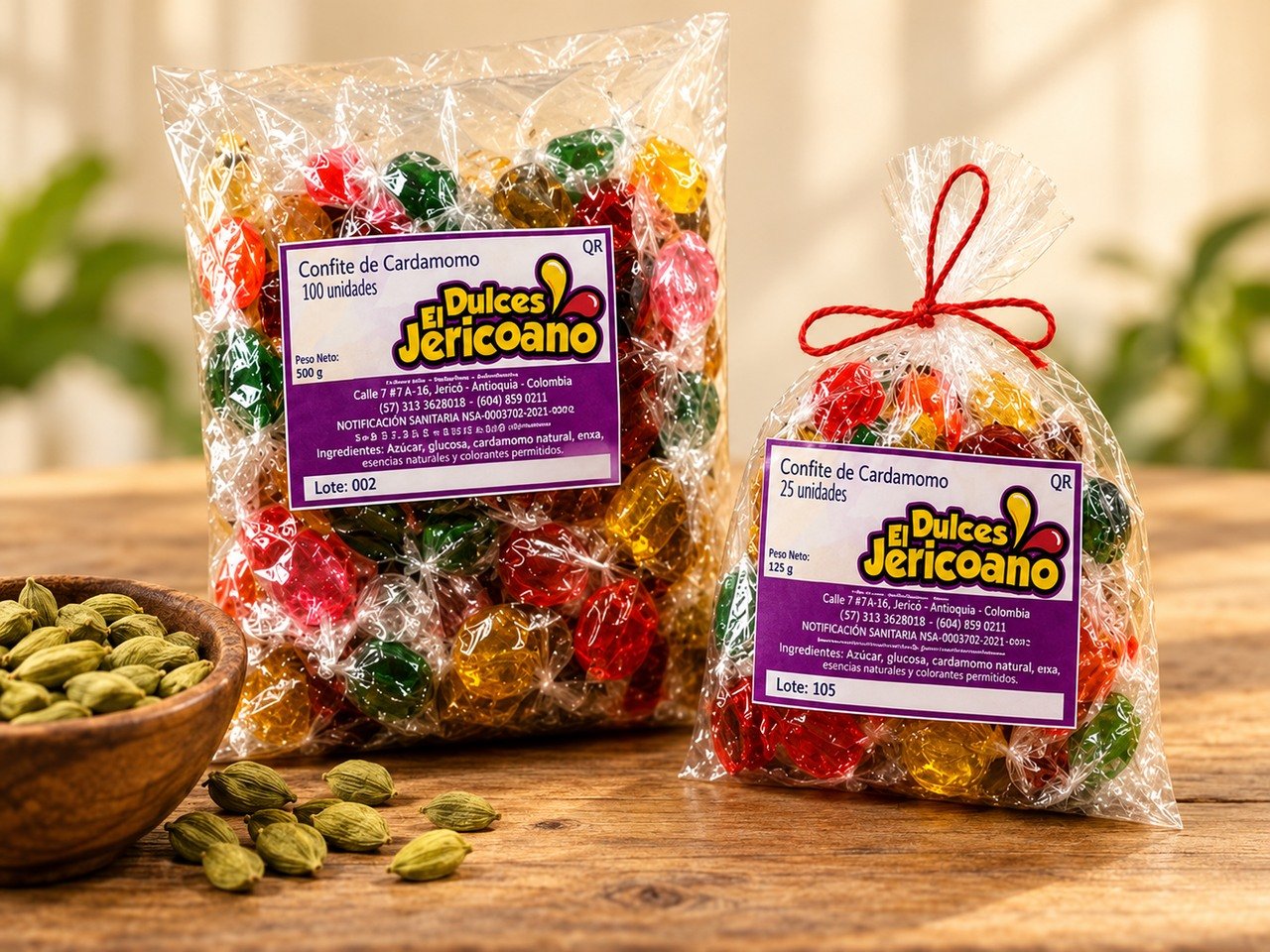 Bolsas de confites artesanales de cardamomo de Dulces El Jericoano sobre una mesa de madera